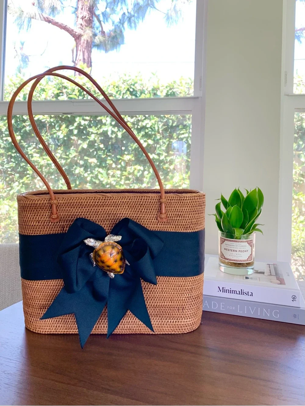 Woven Straw Tote with Black Bow and Turtle Accent